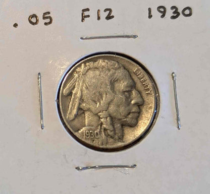 1930 Buffalo Nickel in fine condition, collectible coin featuring iconic buffalo design.