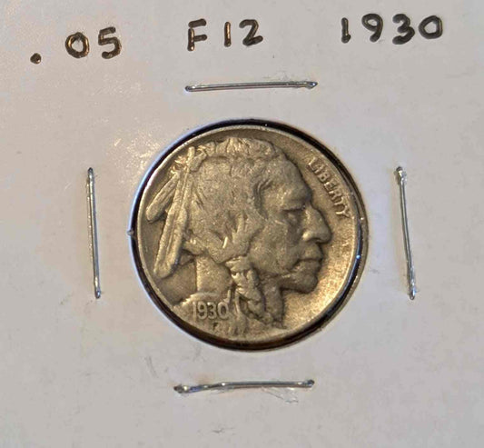 1930 Buffalo Nickel in fine condition, collectible coin featuring iconic buffalo design.