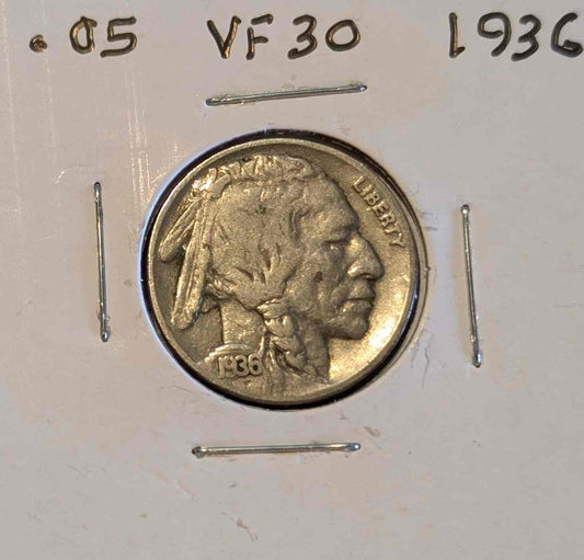1936 Buffalo Nickel in very fine condition for coin collectors.