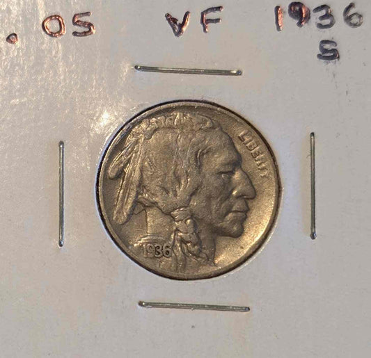 1936 S Buffalo Nickel in very fine condition for coin collectors.