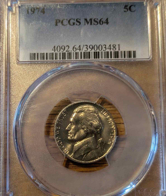 1974 Jefferson nickel in MS64 condition with flawless finish displayed in a protective case.