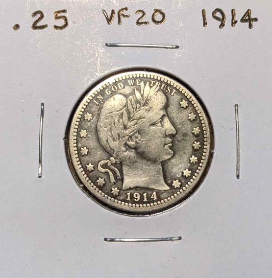 1914 Barber Quarter, rare collectible coin with unique design, 90% silver.