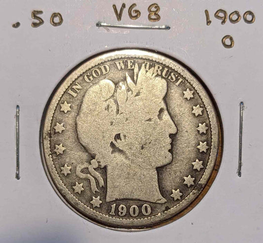 1900 O Barber Half coin, featuring intricate design, collectible and rare, 90% silver composition.
