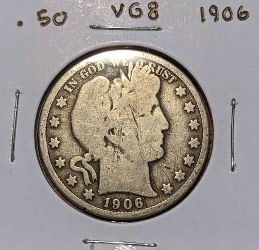 1906 Barber Half coin, 90% silver, collectible American currency.