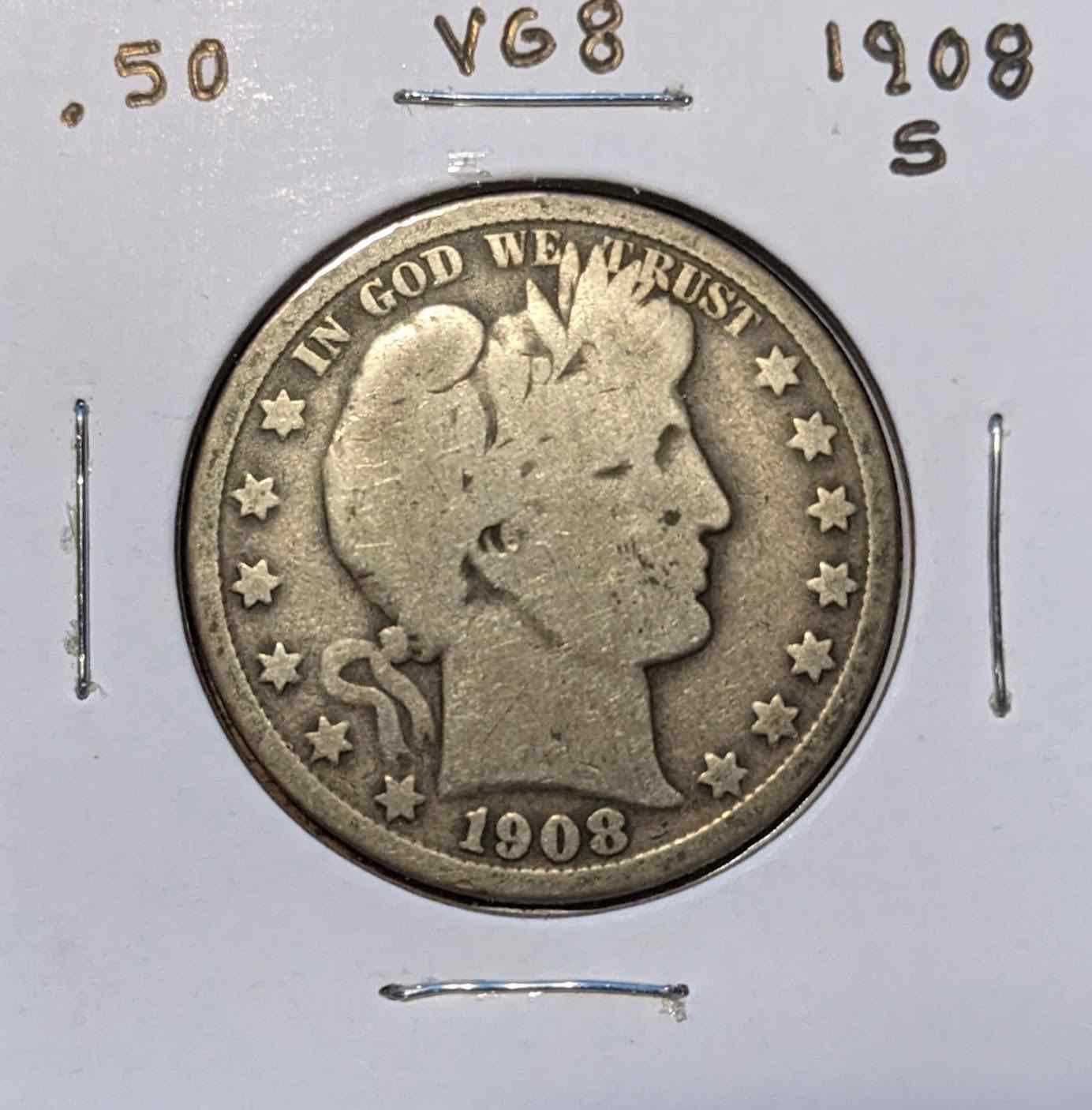 1908 S Barber Half coin with intricate design and historical significance.