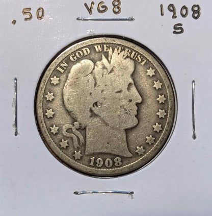 1908 S Barber Half coin with intricate design and historical significance.