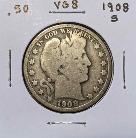 1908 S Barber Half coin with intricate design and historical significance.