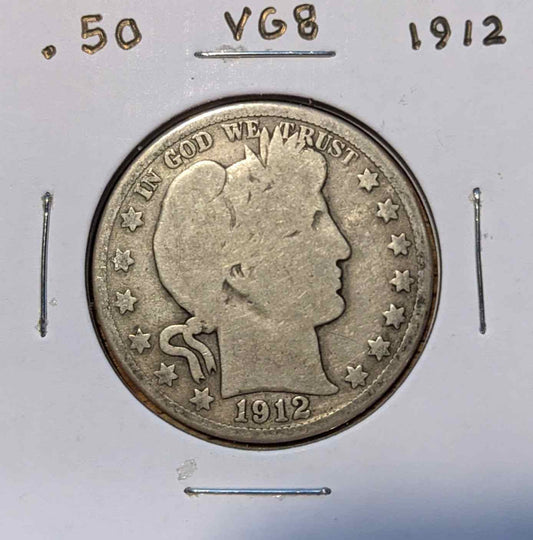 1912 Barber Half coin with intricate Barber design, 90% silver composition.