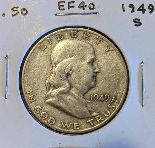 1949-S Franklin Half Dollar coin featuring Benjamin Franklin's bust and "In God We Trust."