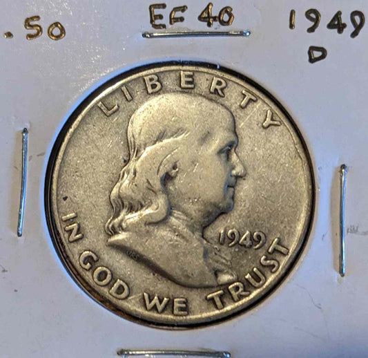 1949 D Franklin Half Dollar coin featuring Benjamin Franklin and Liberty Bell.