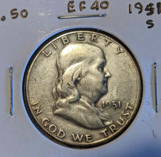 1951 S Franklin Half Dollar coin with 90% silver content, iconic design.