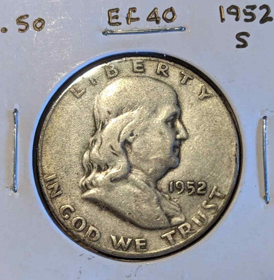 1952 S Franklin Half Dollar coin featuring Benjamin Franklin profile.