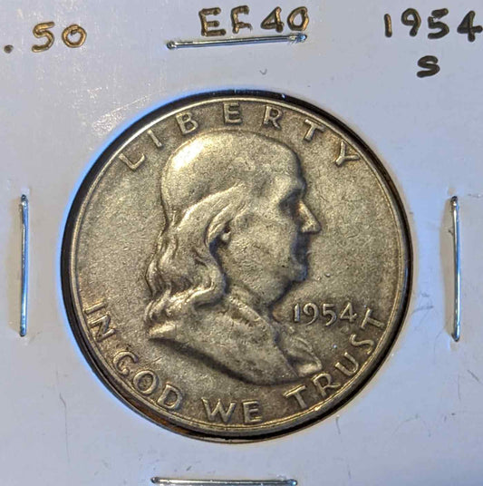 1954 S Franklin Half Dollar coin, rare collectible, silver composition.