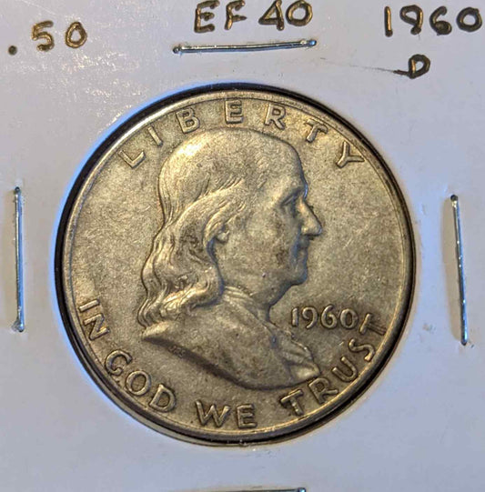 1960 D Franklin Half Dollar coin featuring Benjamin Franklin in 90% silver.