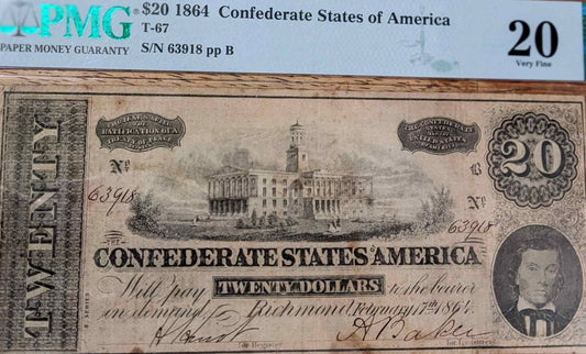 1864 Confederate States $20 bill in very fine condition, rare Civil War-era paper currency.