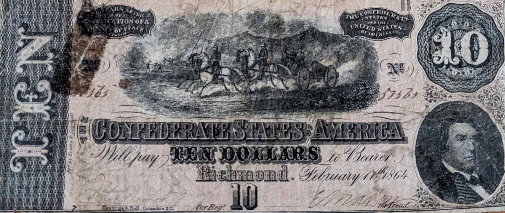 1864 Confederate States of America $10 bill, historical currency piece.
