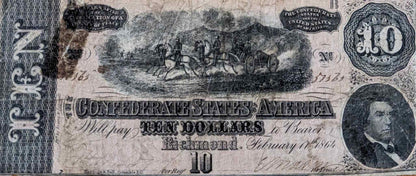 1864 Confederate States of America $10 bill, historical currency piece.