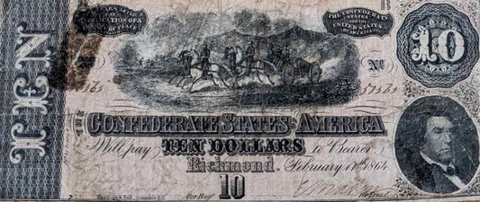 1864 Confederate States of America $10 bill, historical currency piece.