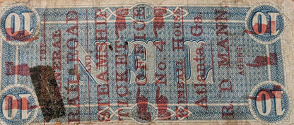 1864 Confederate States of America $10 bill in good condition, rare historical currency.