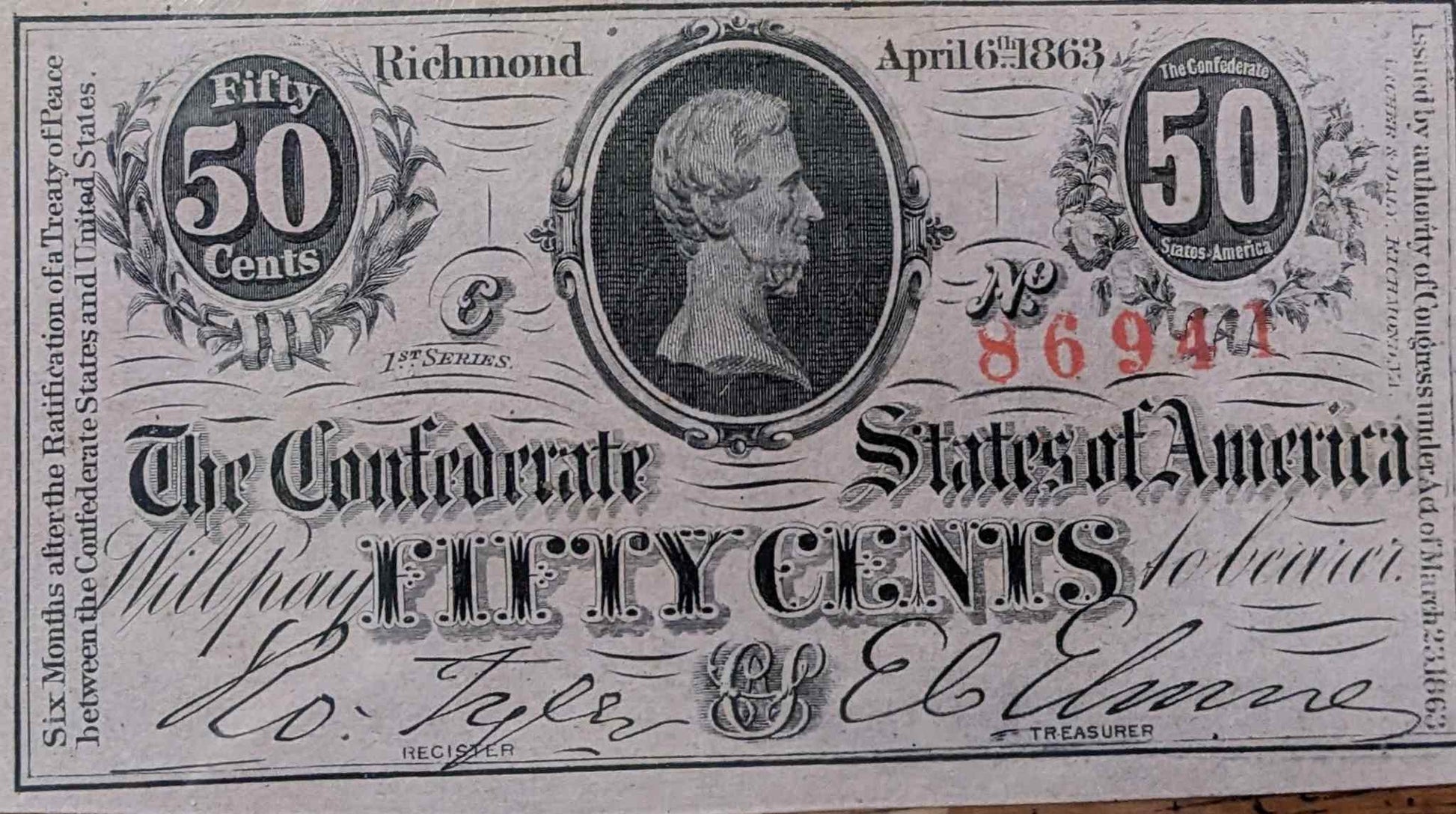 1863 50 Cent Confederate currency note, historical Civil War collectible
