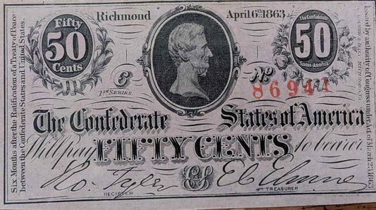 1863 50 Cent Confederate currency note, historical Civil War collectible