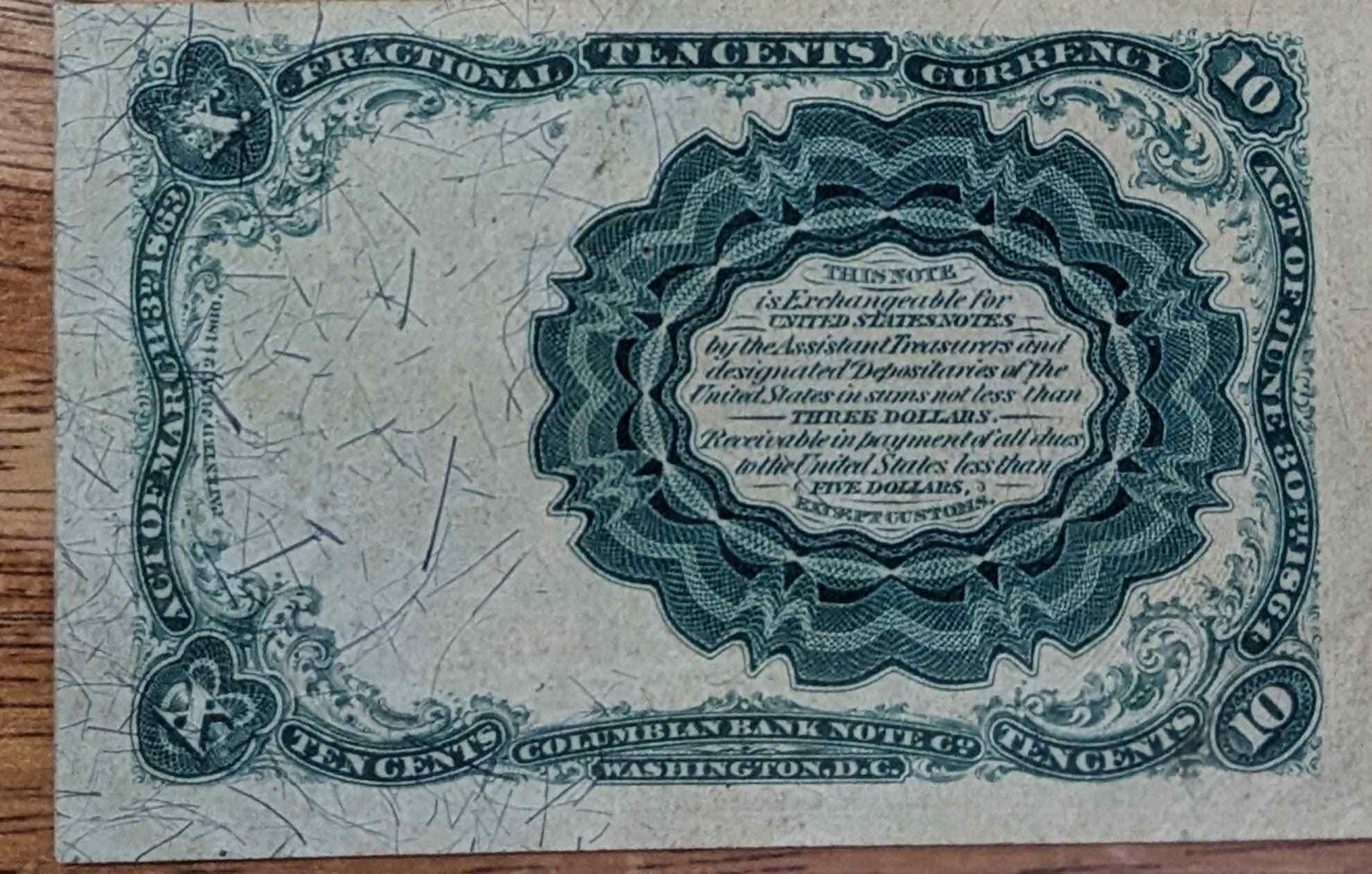 1874 US 10 cents fractional currency, 5th issue, very fine condition, 19th century design.