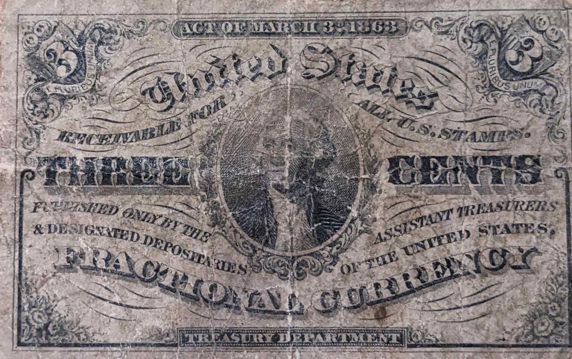 1863 US 3 Cents Fractional Currency in good condition, historical collectible.