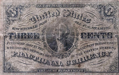 1863 US 3 Cents Fractional Currency in good condition, historical collectible.