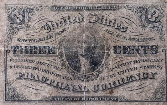 1863 US 3 Cents Fractional Currency in good condition, historical collectible.