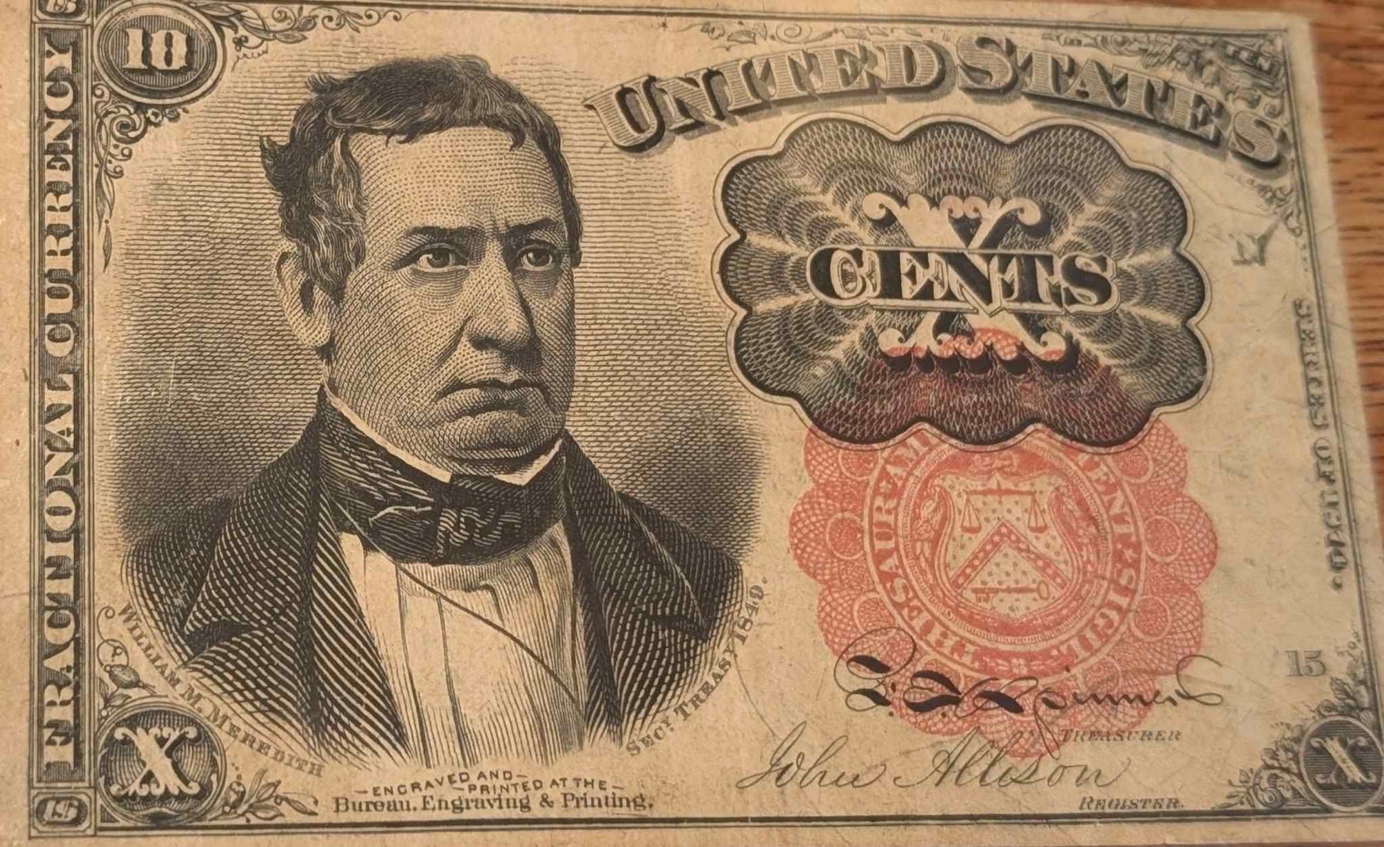 1874 US 10 cents fractional currency 5th issue, vintage collectible note.