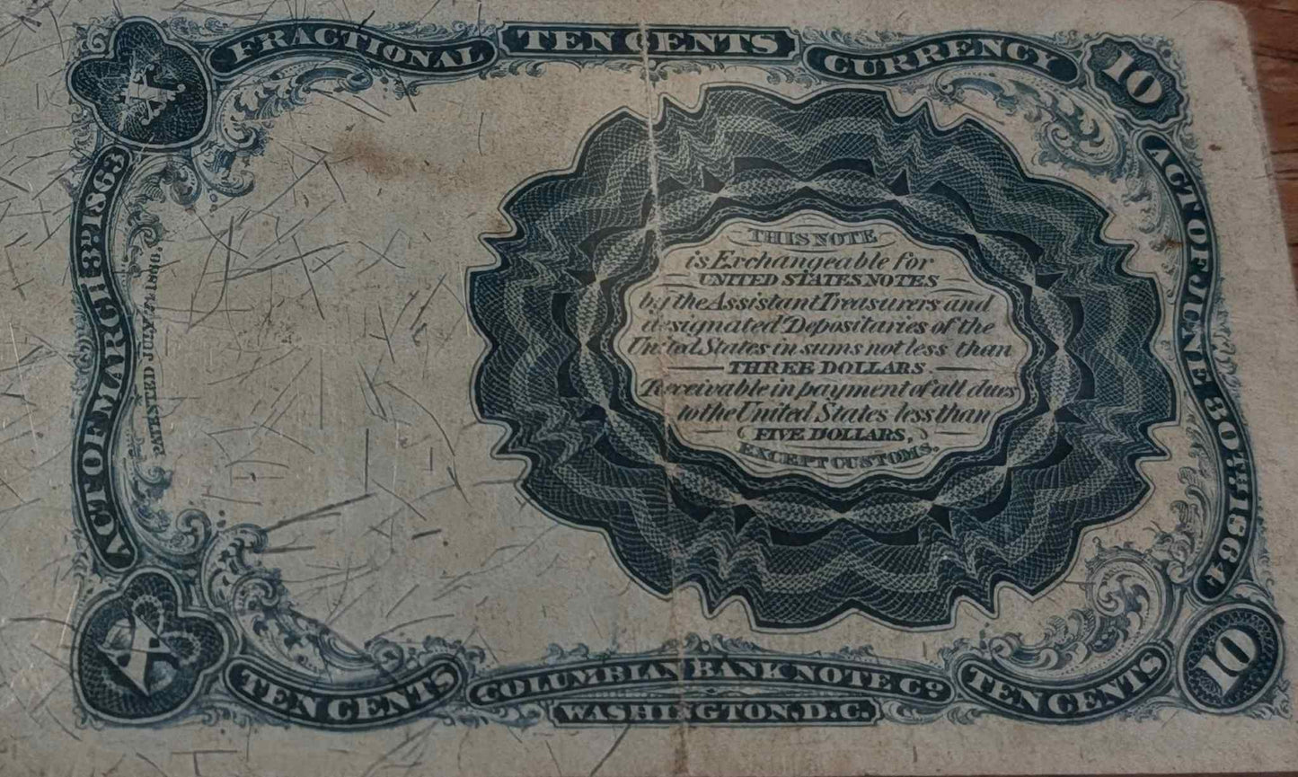 1874 US 10 cents fractional currency 5th issue in impressive condition, collectible 19th-century design.