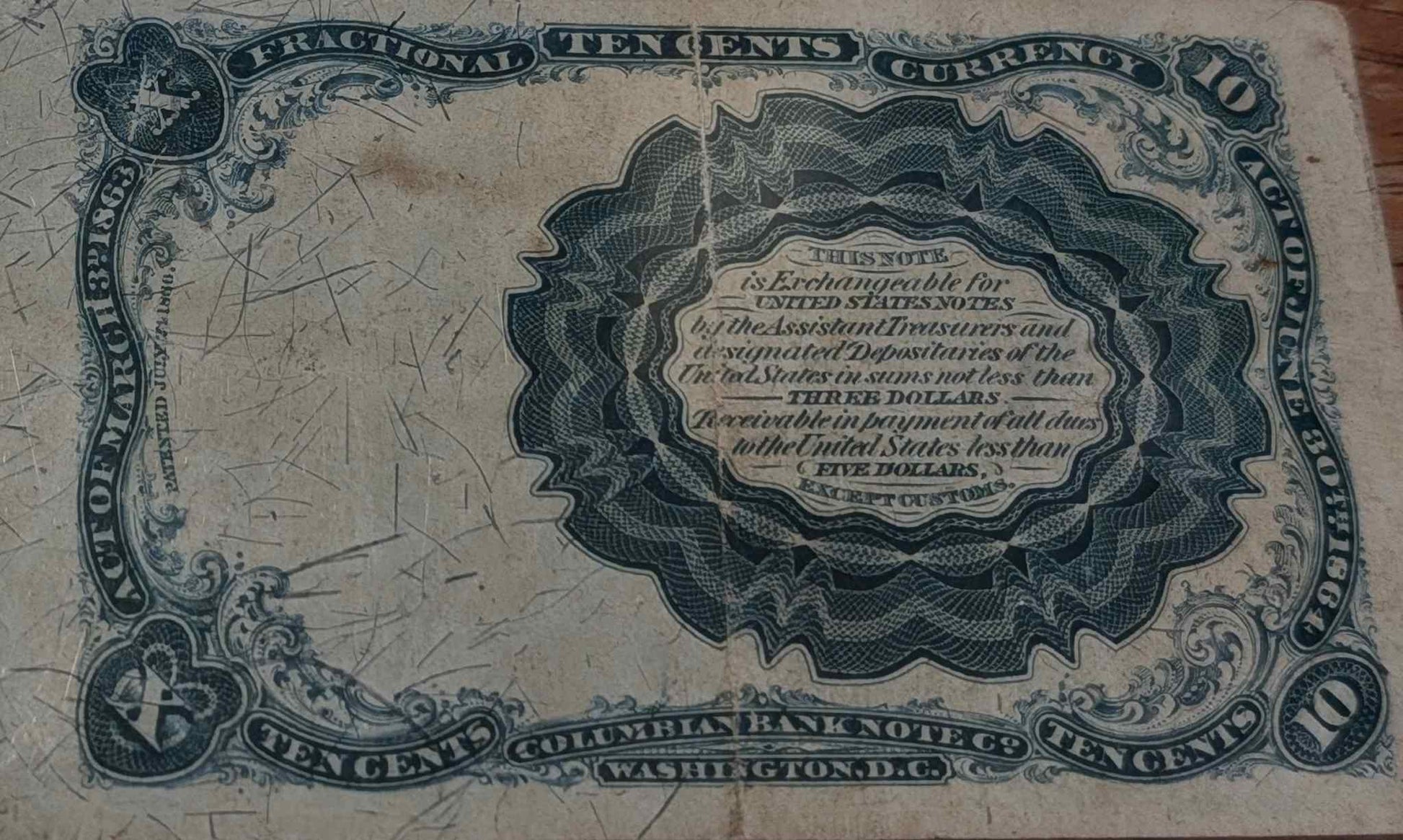 1874 US 10 cents fractional currency 5th issue in impressive condition, collectible 19th-century design.