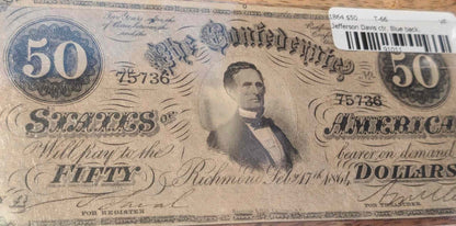 1864 Confederate States of America $50 bill in fine condition, historic currency.