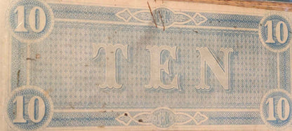 1864 Confederate States of America $10 bill, VF25 graded paper currency, intricate historical design.