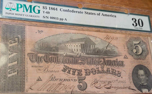 1864 Confederate $5 bill VF30 paper currency historical relic.