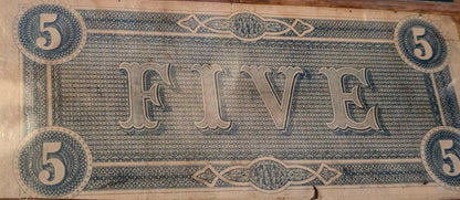 1864 Confederate States of America $5 bill, VF30 grading, historic paper currency with intricate design.