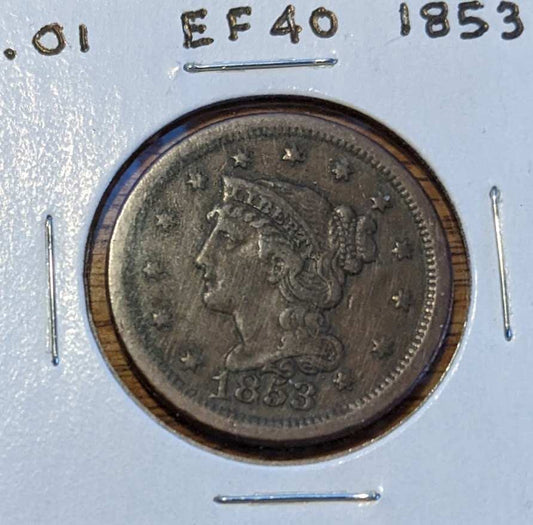 1853 Braided Hair Large Cent coin with braided hair design and stars.