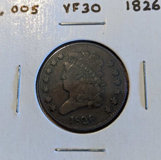 1826 Classic Head Half Cent featuring Liberty profile, VF30 condition.