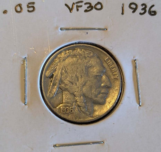 1936 Buffalo Nickel, very fine condition, historical American coin.