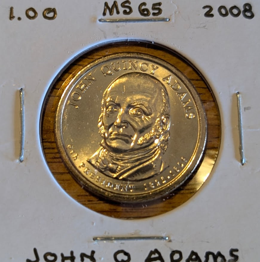2008 John Quincy Adams Presidential Uncirculated Dollar Coin in mint condition.