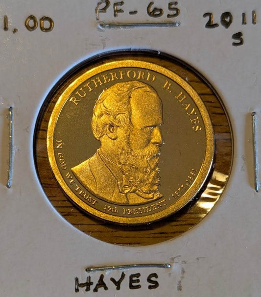 2011-S Rutherford B. Hayes Presidential Dollar Proof Coin, commemorating the 19th US President, collectible edition.
