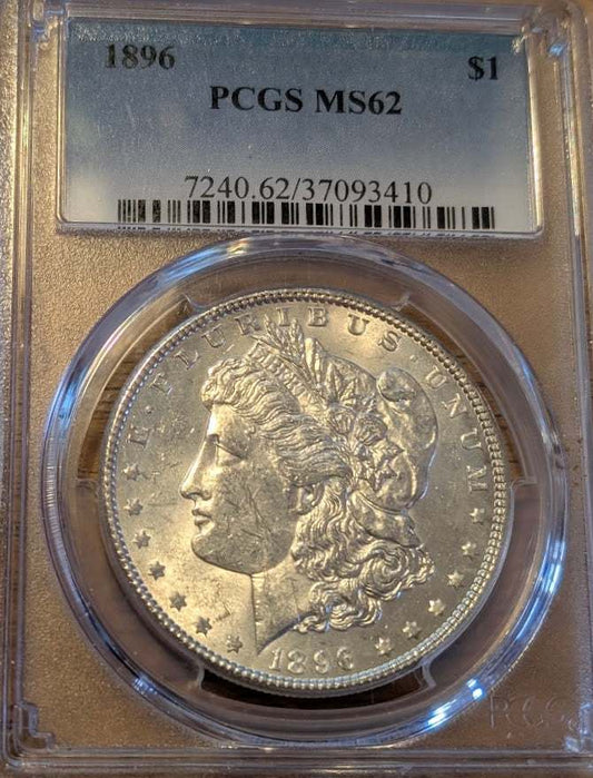 1896 Morgan Silver Dollar MS62 coin in protective case.