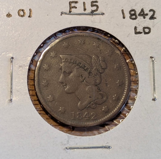 1842 Braided Hair Large Cent with braided hair design and large date.