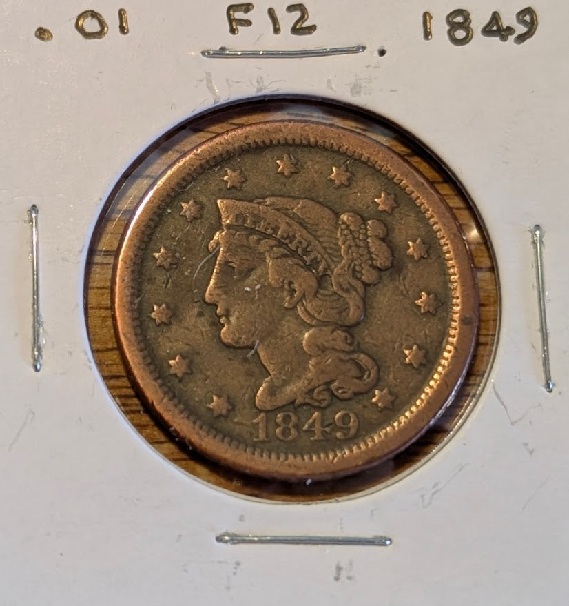 1849 braided hair large cent coin with elegant design.