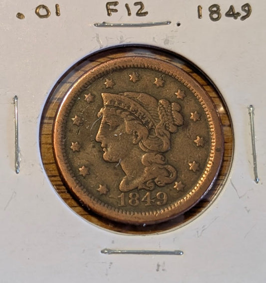 1849 braided hair large cent coin with elegant design.