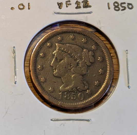 1850 Braided Hair Large Cent coin with intricate design.