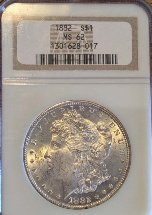 1882 Morgan Silver Dollar in MS62 condition with professional grading display.