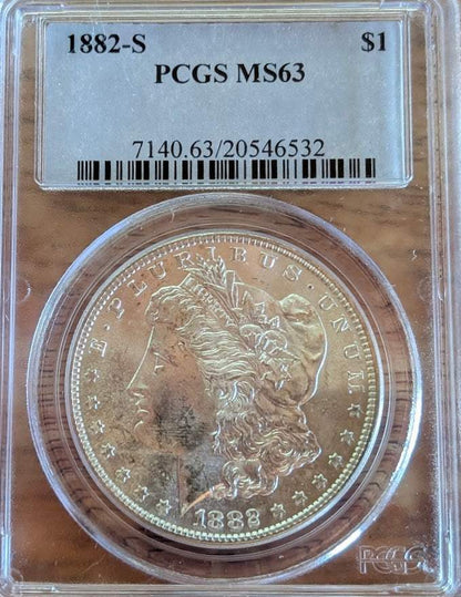 1882-S Morgan Silver Dollar with Lady Liberty design, PCGS MS63 grade, collectible coin.