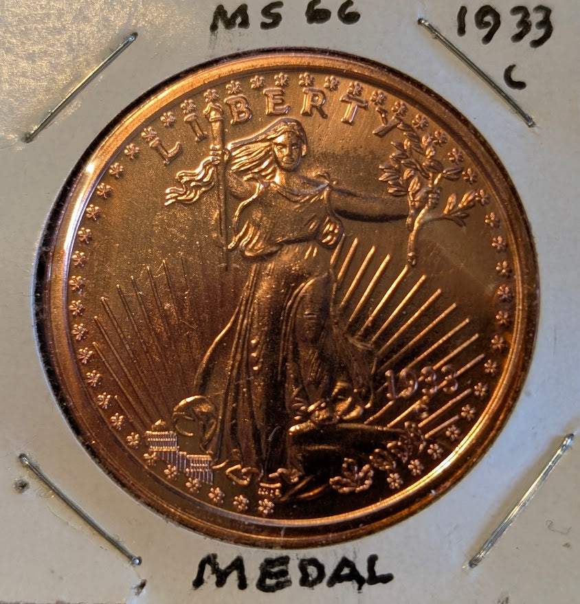 1933 Standing Liberty Flying Eagle 1 oz fine copper novelty coin featuring iconic eagle design.