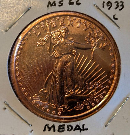 1933 Standing Liberty Flying Eagle 1 oz fine copper novelty coin featuring iconic eagle design.